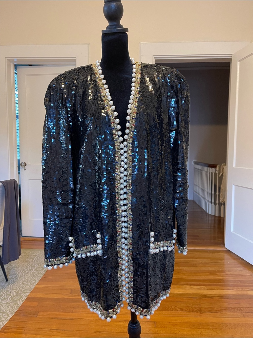 Black Sequin Pearl-Trim Evening Blazer